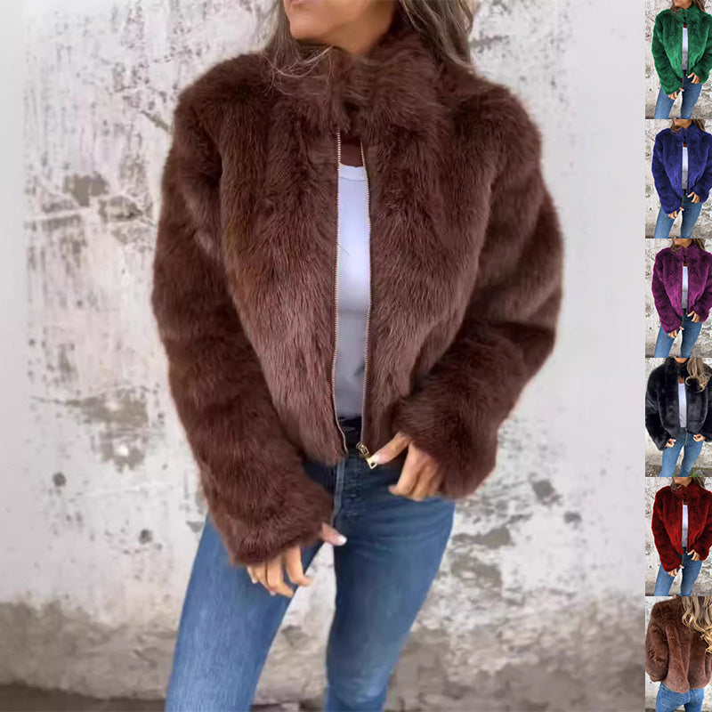 Veste en peluche à col montant tendance pour femme, manteau d'hiver décontracté à col roulé et fermeture éclair, polaire