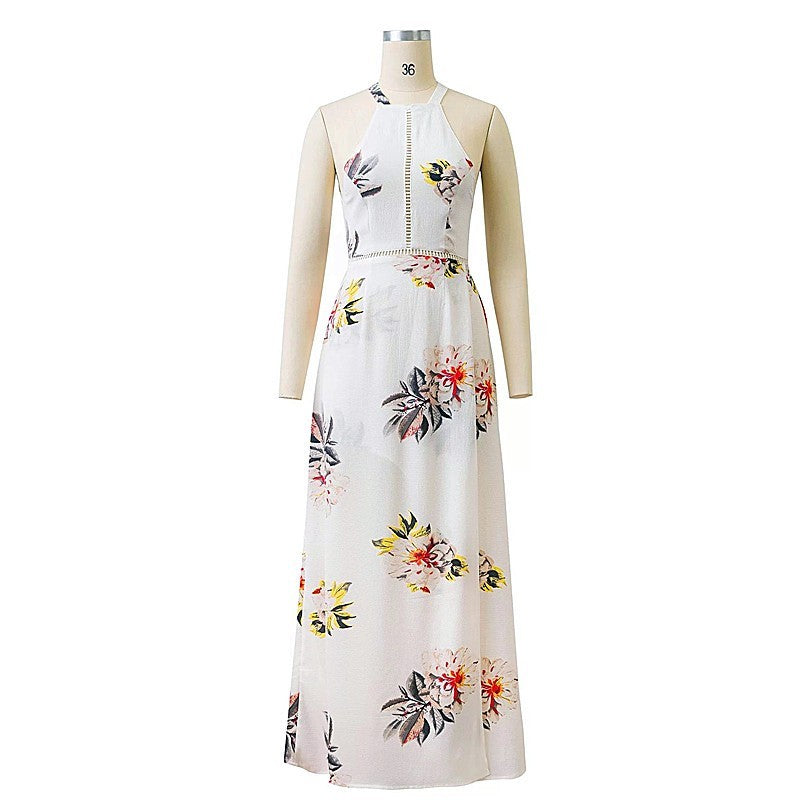 Robe longue sexy dos nu imprimée vintage