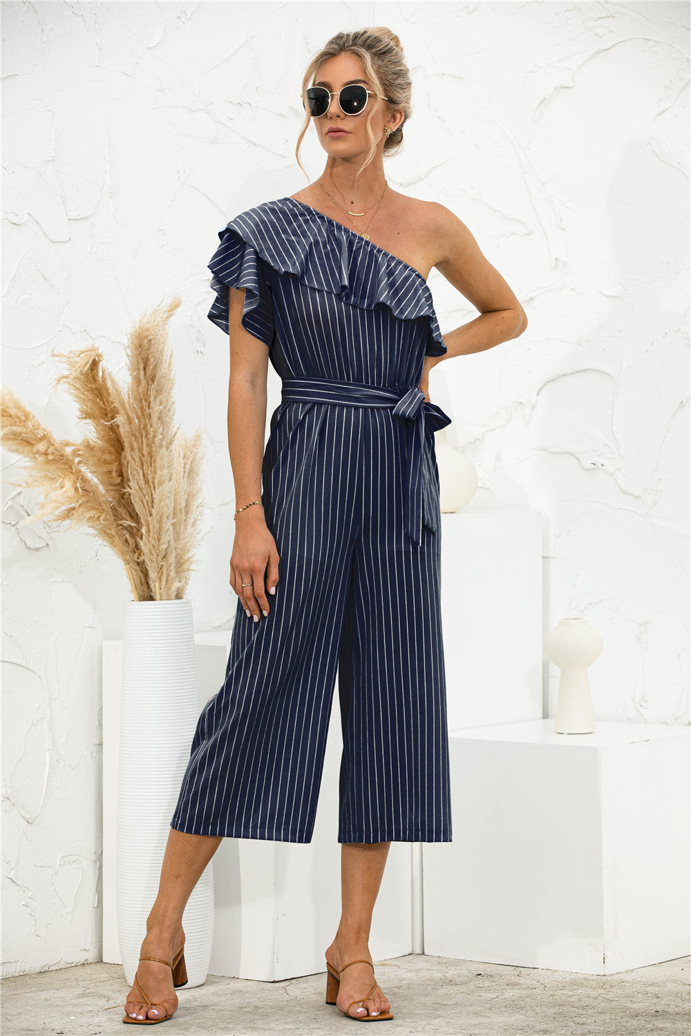 Women's Summer Oblique Shoulder Ruffle Striped Jumpsuit