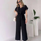 Women's V-neck Single Breasted High Waisted Lace Up Straight Leg Jumpsuit Pants