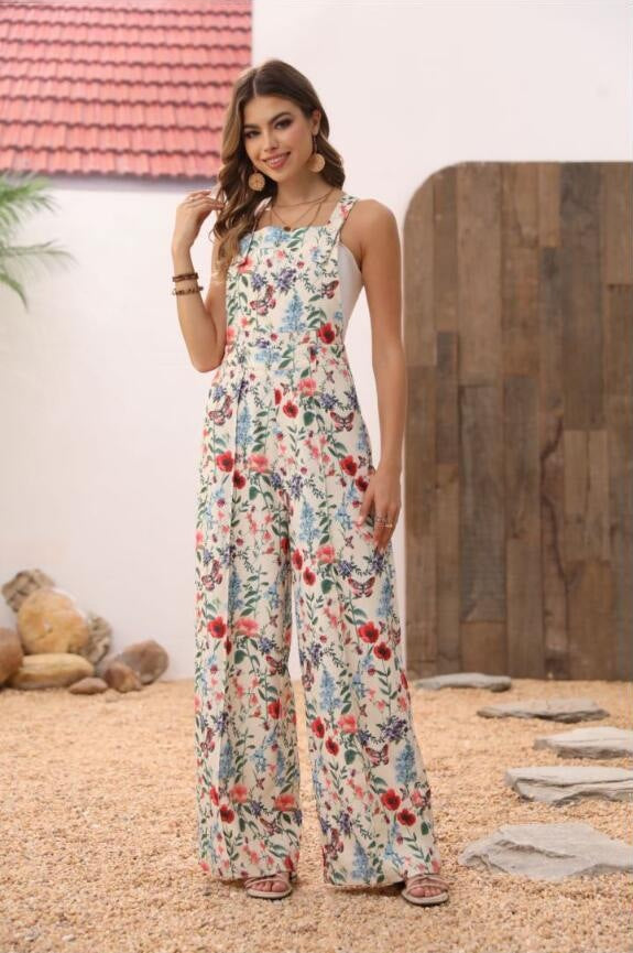Cross-border Floral Print Button Wide Leg Jumpsuit Sale In Stock
