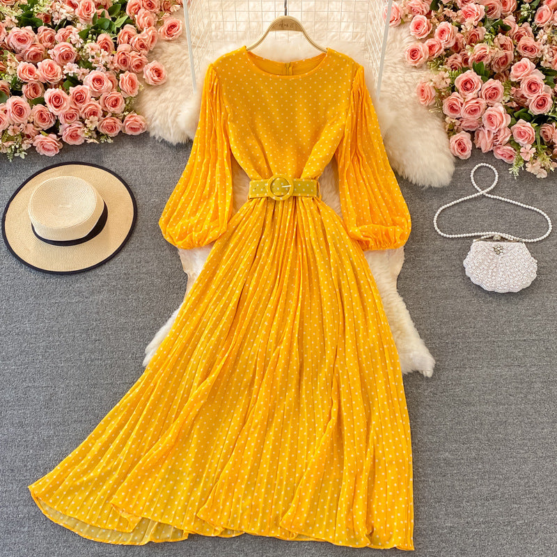 Round Neck Pleated Polka Dot Chiffon Dress