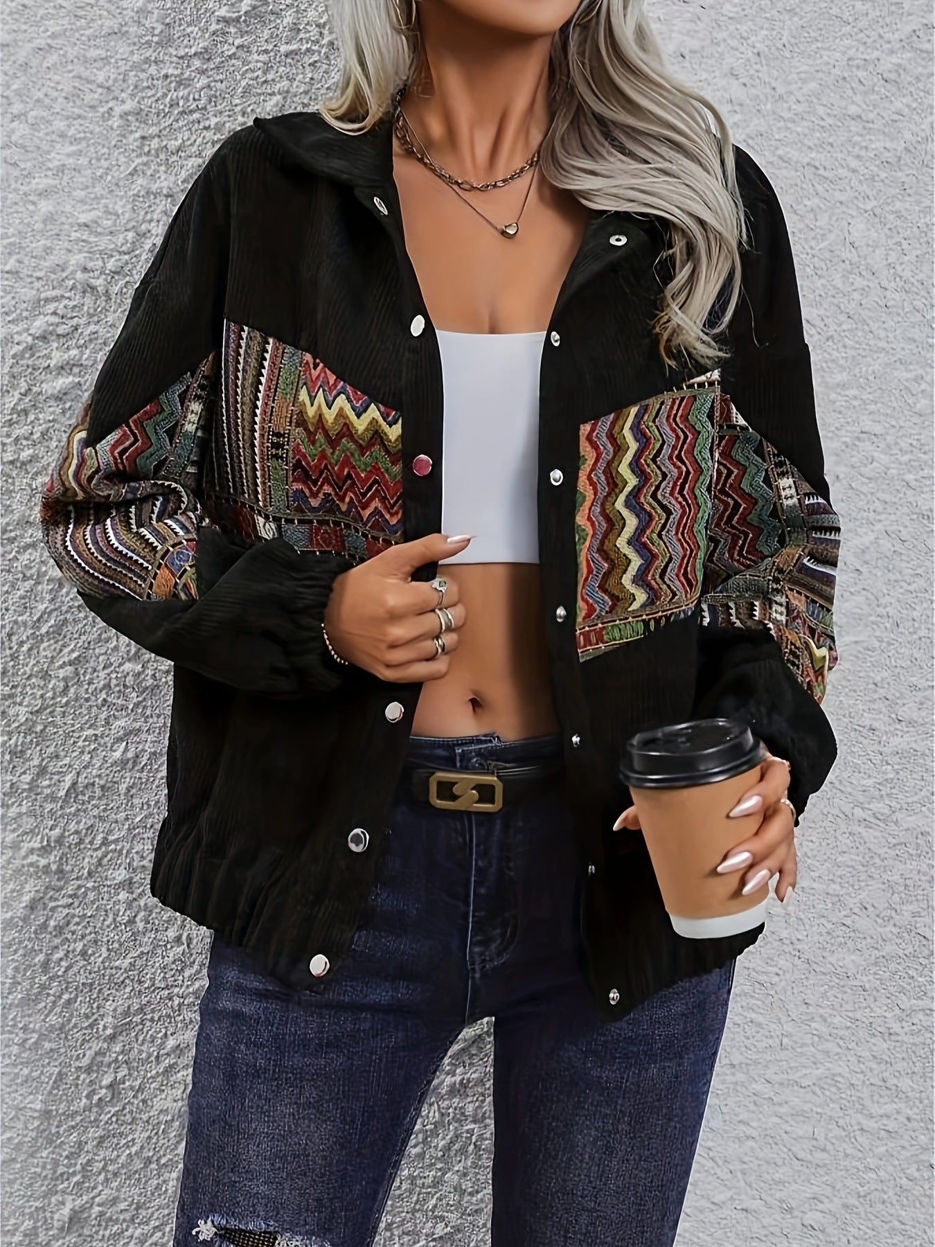 National Style Color Stitching Turnover Neck Cardigan Casual Top