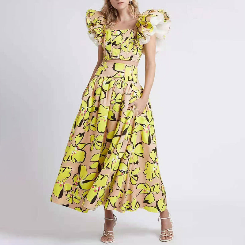 Printed Skirt Set, Square Neck Ruffle Sleeve Short Top  High Waist Drape And Large Hem Long Skirt