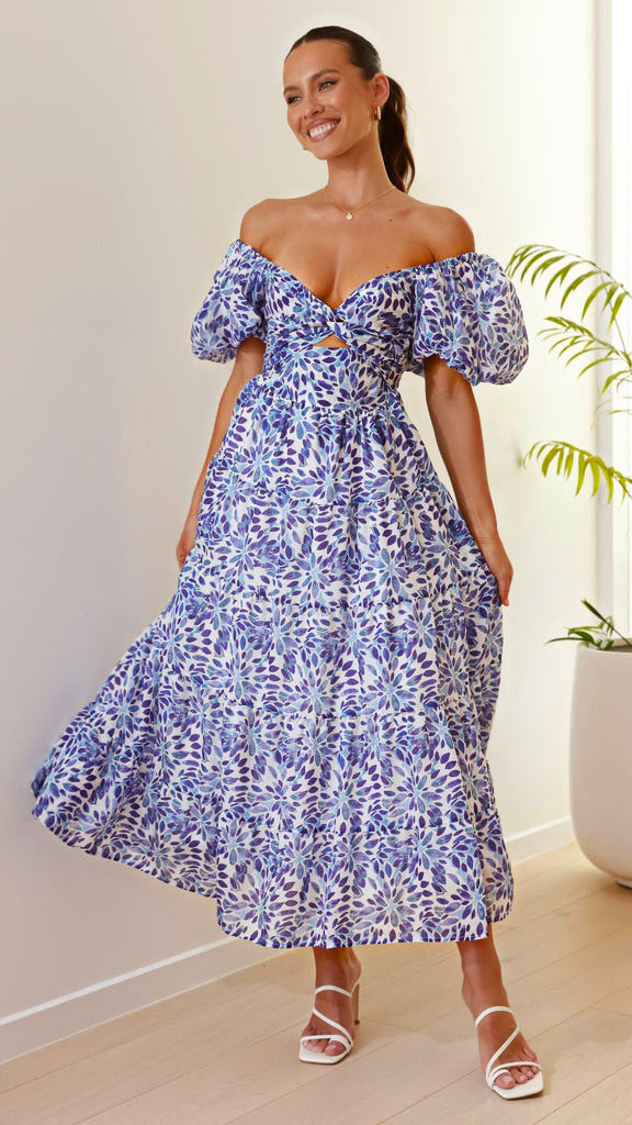 Women's Versatile Casual Waist-tied Puff-sleeve Flare Dress