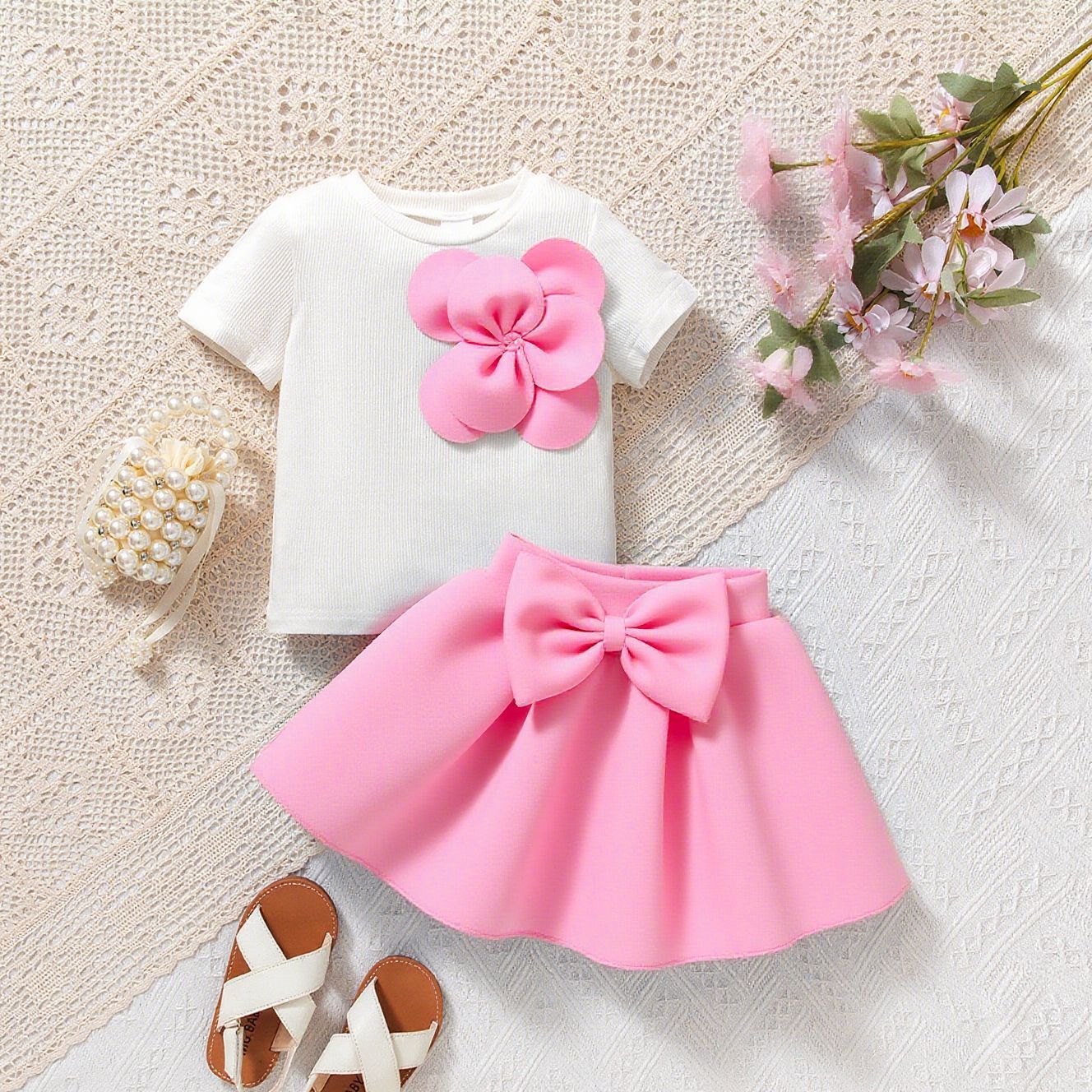 Flower Short Sleeves With Bow Puff Skirt Set