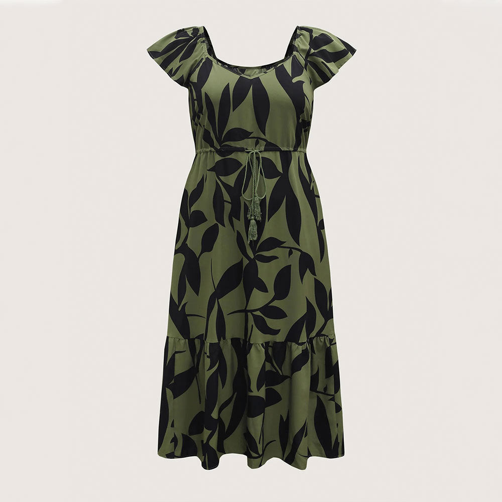 Floral Flutter-Sleeve Drawstring-Waist Maxi Midi Slimming Dress