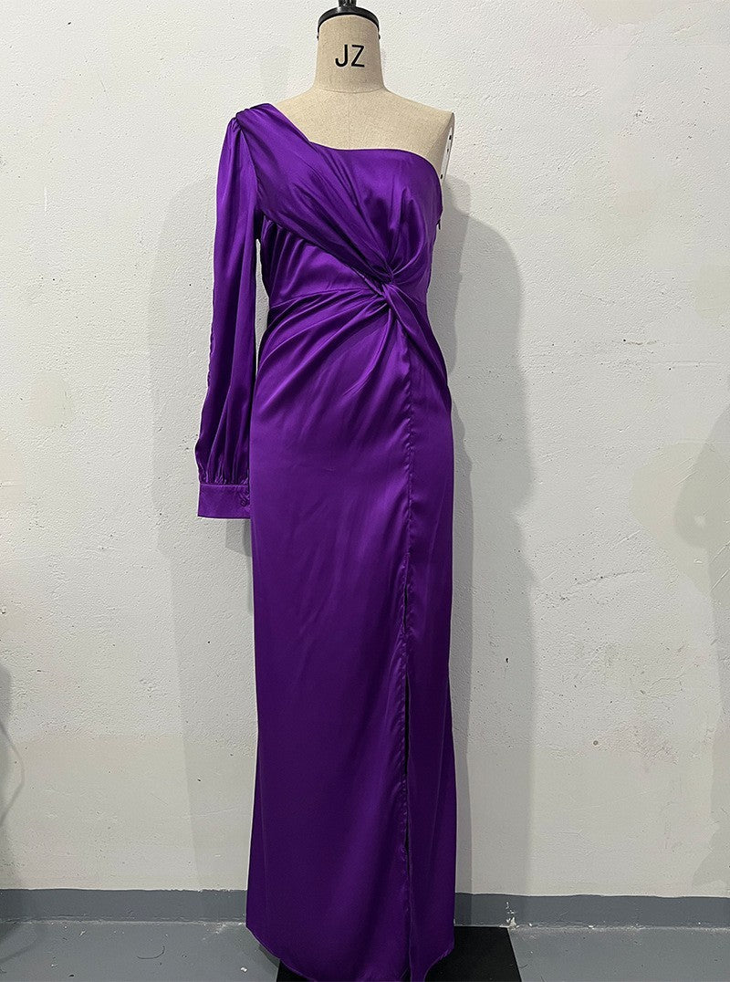 Diagonal Collar Raglan Sleeve Pleated Waist Tight Split Long Dress