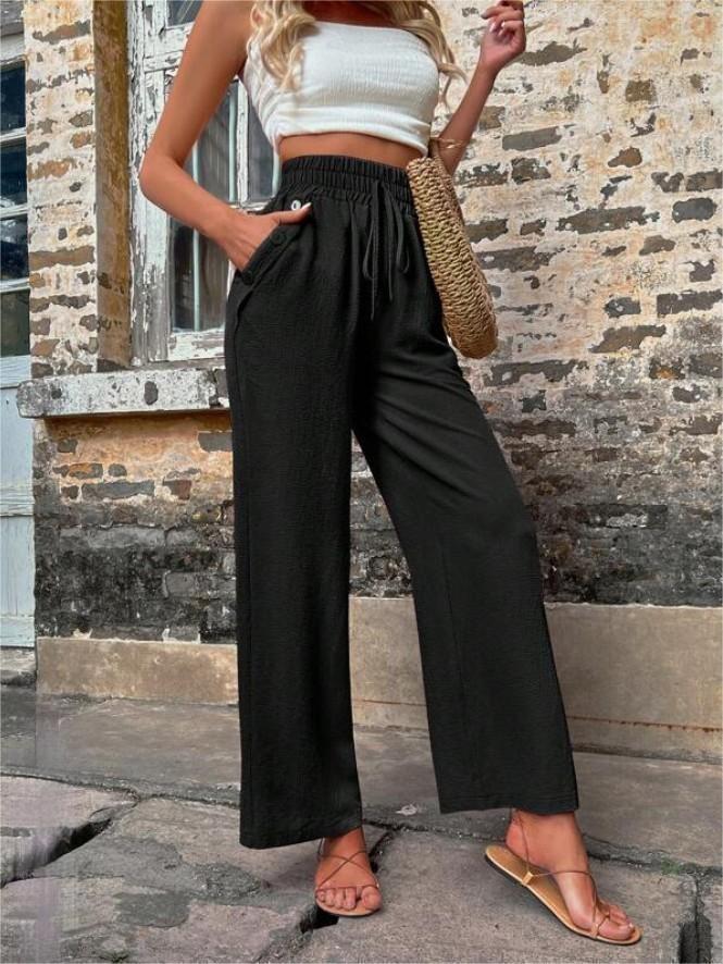 Pantalon décontracté avec poches et cordon élastique, taille haute, ample, pour femme