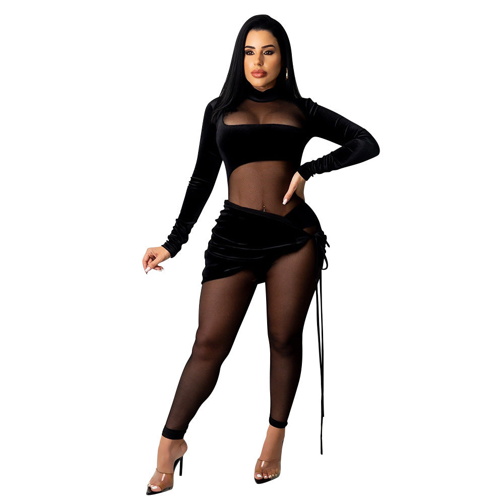 Mesh Velvet Stitching Solid Color Jumpsuit