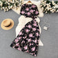 Floral Womens Cross V Neck Strap Crop Top And High Waisted Flared Skirt Two Piece Set