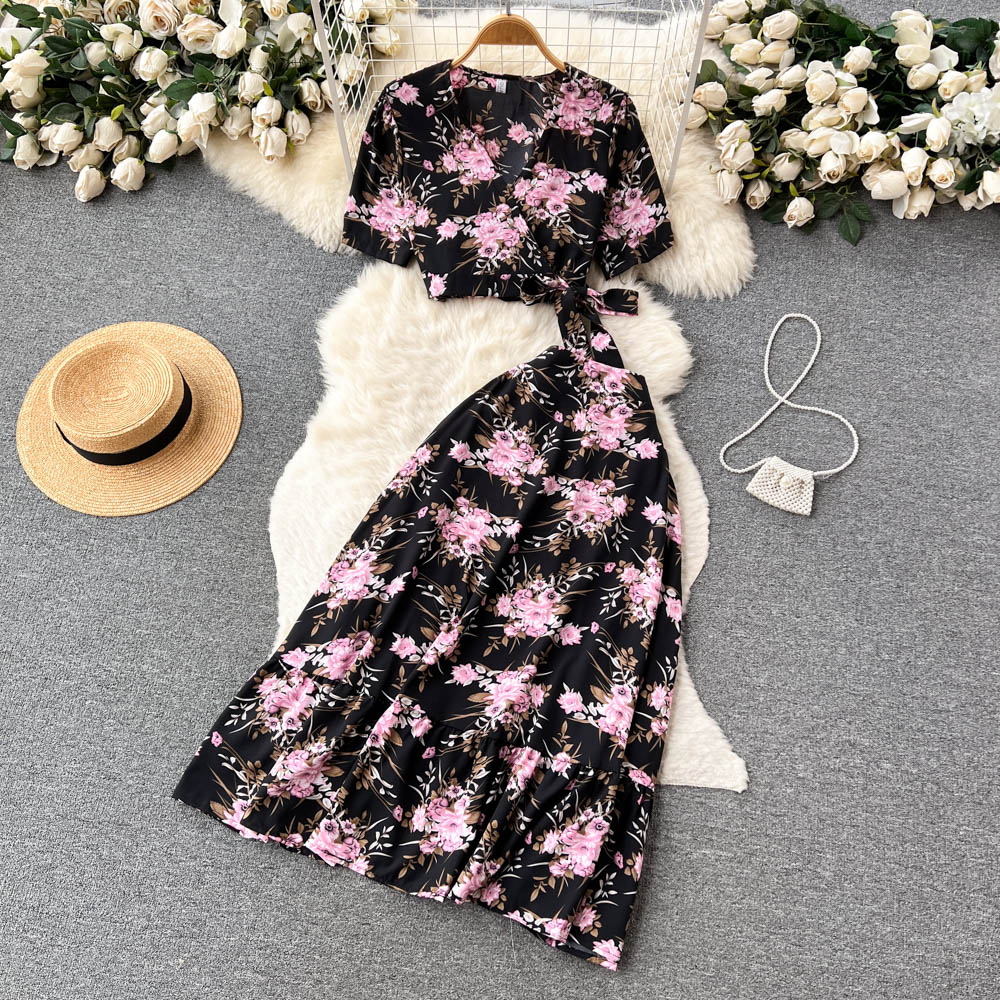 Floral Womens Cross V Neck Strap Crop Top And High Waisted Flared Skirt Two Piece Set