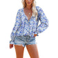 Women's Loose V-neck Casual Long-sleeved Floral Chiffon Shirt