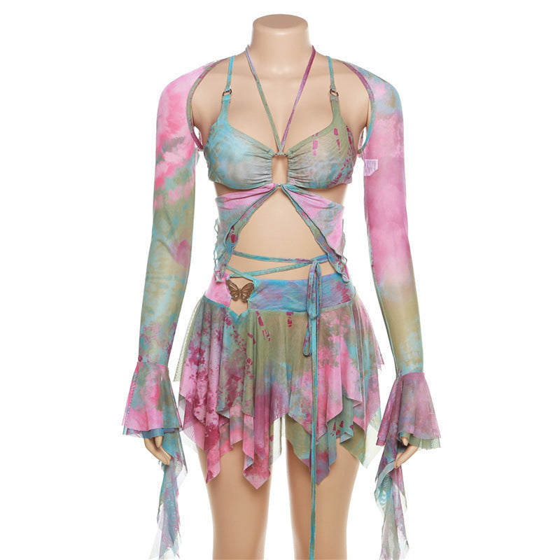 Vêtements pour femmes, manches évasées, imprimé papillon, jupe à lacets et découpes