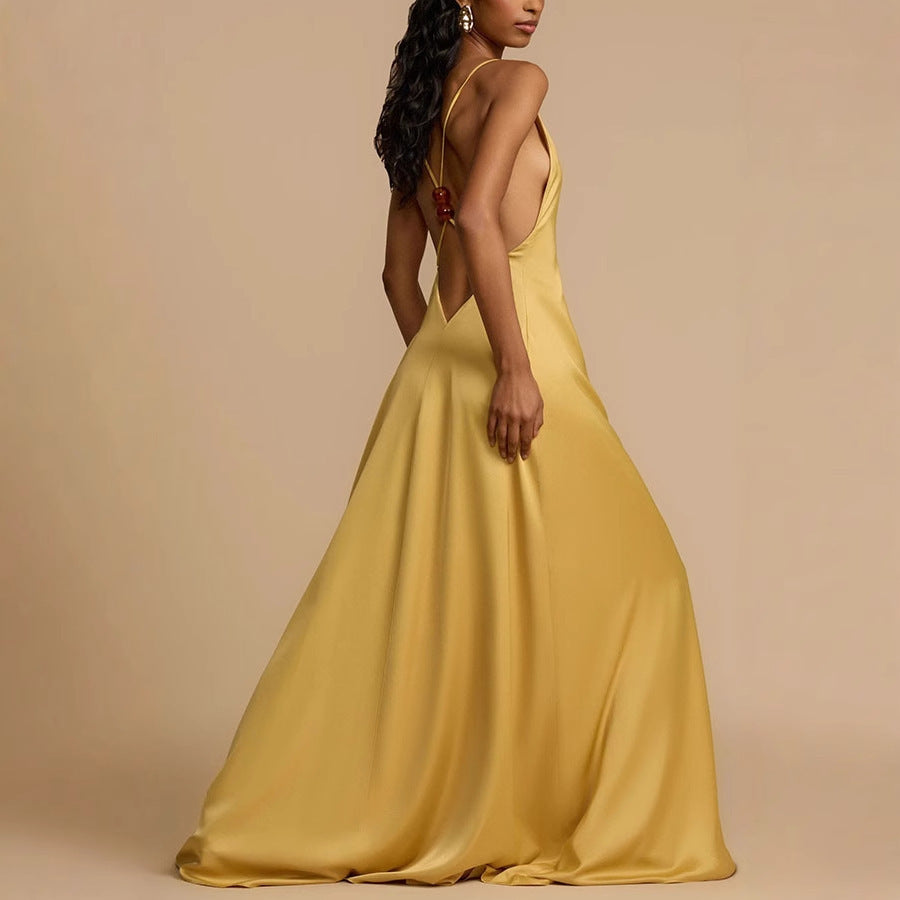 Women's Backless V-neck Satin Long Dress
