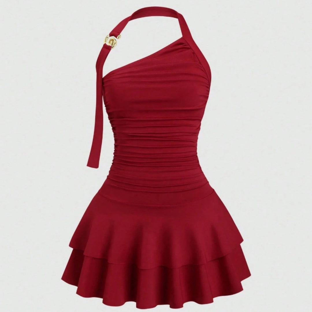 One-Shoulder Halterneck Slimming Waist-Cinching Pleated Skirt Pure And Alluring Versatile Off-Shoulder Dress