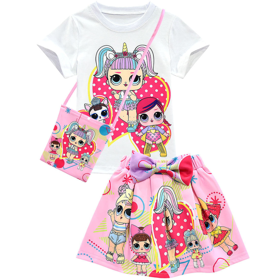 Girls' Cartoon Short Sleeves And Skirt Suit
