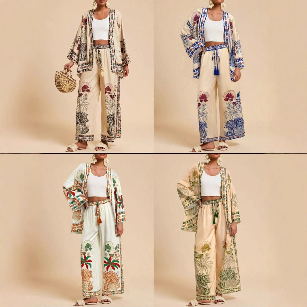 Fashion Vacation Style Printed Cardigan Long Sleeve Wide Leg Pants Two-piece Set