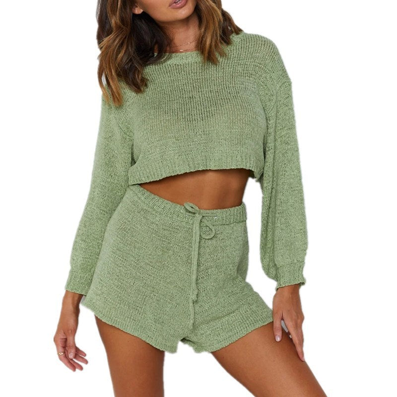 Independent station autumn and winter sweater long sleeve suit Amazon cross-border new home solid color shorts two-piece suit