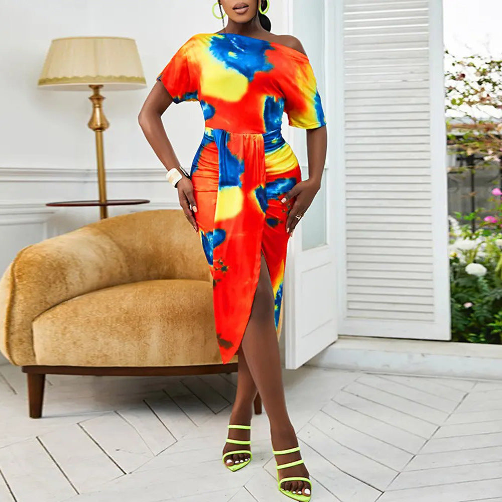 Robe imprimée à manches courtes et col diagonal irrégulier pour femmes européennes et américaines