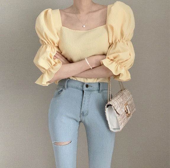 Gentle Temperament Square Neck Leaking Collarbone Puff Sleeve Chiffon Half Sleeve Top