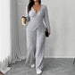 Womens Knitted V-Neck Jumpsuit With Wide-Leg Pants