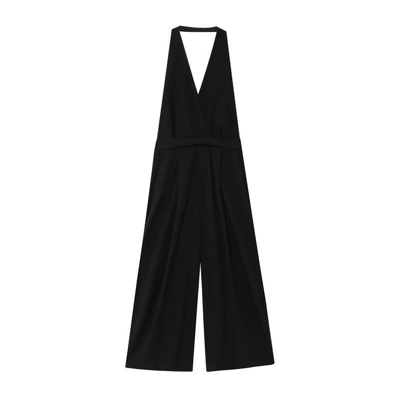 Crepe Hanging Collar Backless Slim Fit Backless Jumpsuit