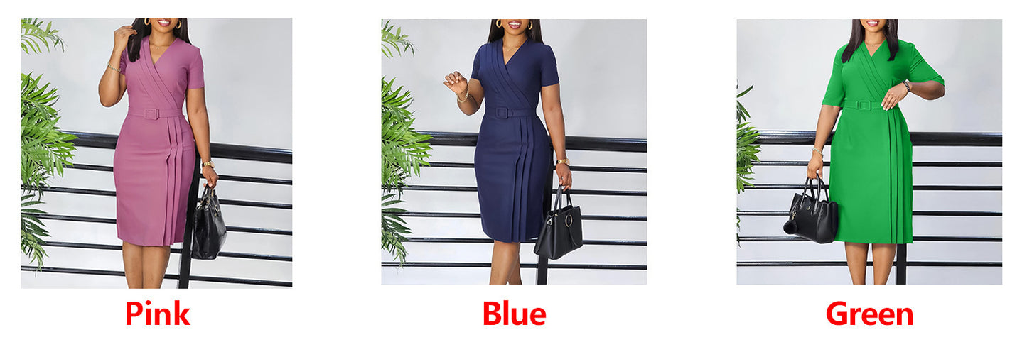 Robe de ville à manches courtes et col en V pour femme, taille ajustée, couleur unie