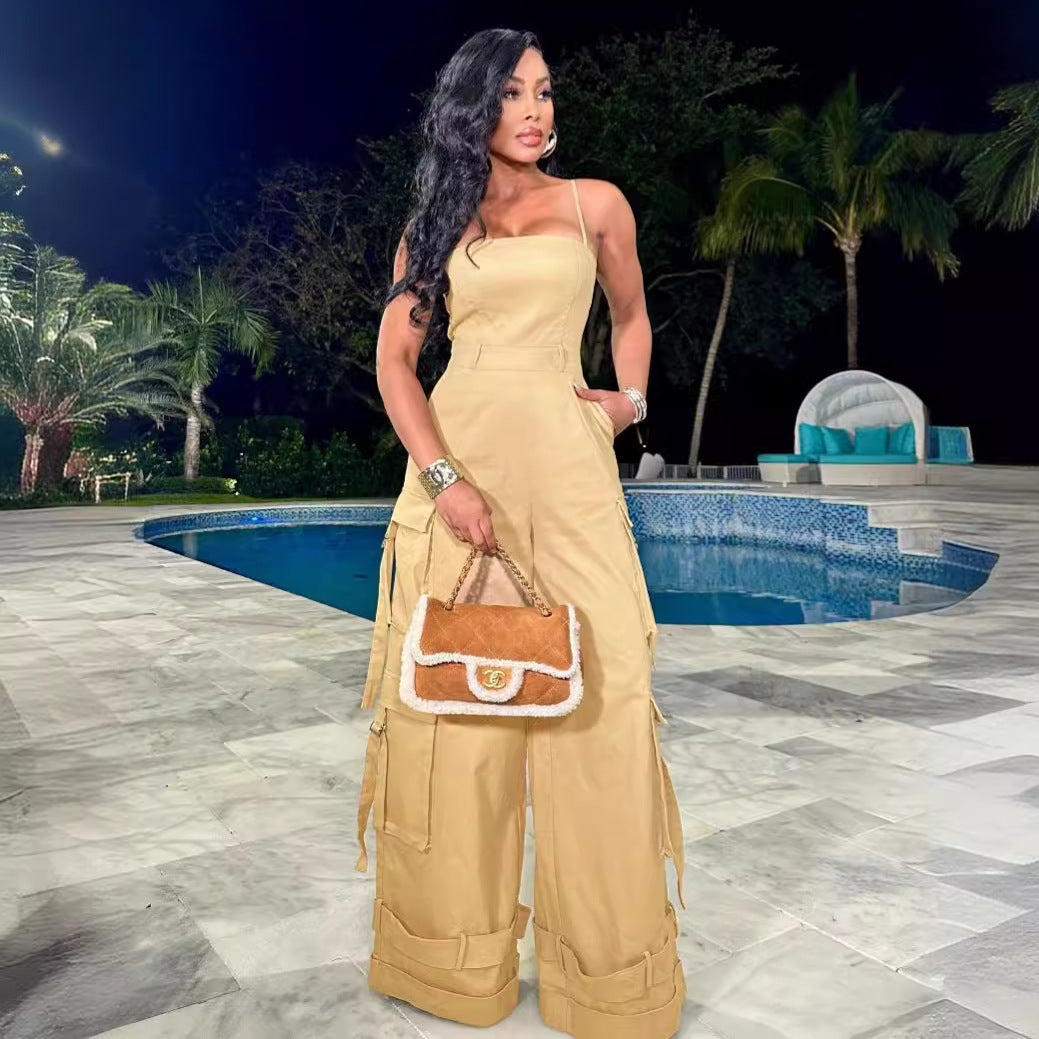 Women's Tube Top Multi-pocket Workwear Wide Leg Jumpsuit