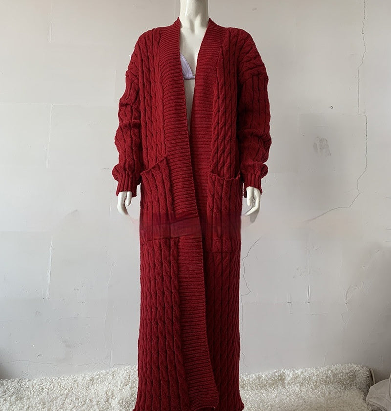 Cardigan long en tricot avec poche, pull long, manteau épais, européen et américain
