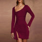 Slit Pleated Diagonal Collar Long Sleeve Dress