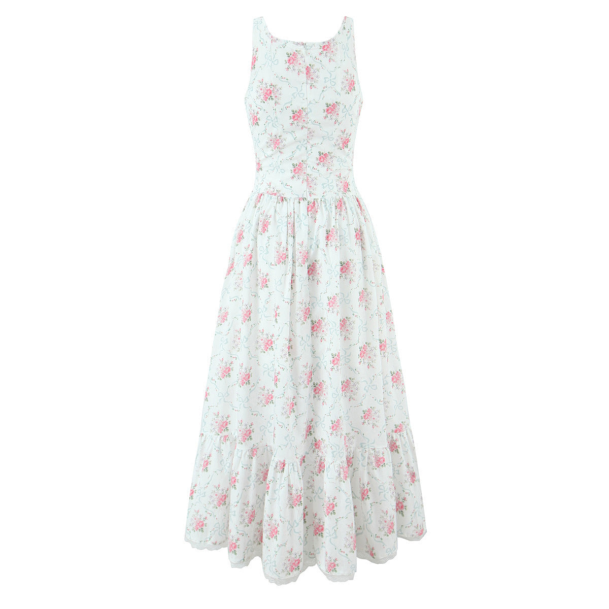 New Summer Cream Rose Printed Lace Up Mid-length Sling Dress