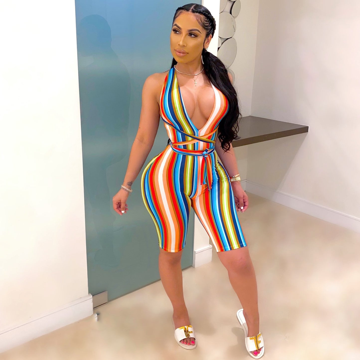 Colorful striped tie sports jumpsuit