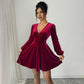 Retro Wine-red Velvet V-neck Dress With Lantern Sleeves