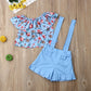 Girls SDuit Blue Floral Overalls + tube Top 2 Piece Set