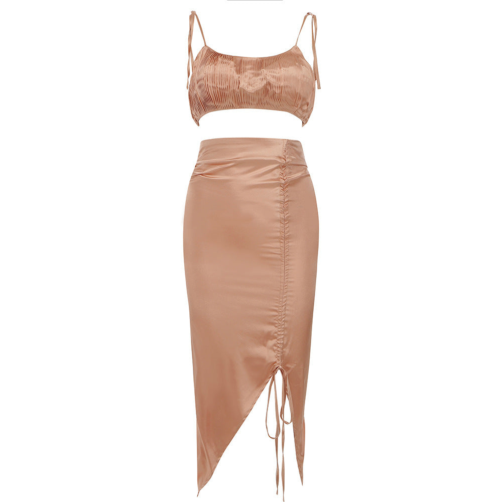 Drawstring Side Slit Skirt Sling Tube Top Two-piece Female