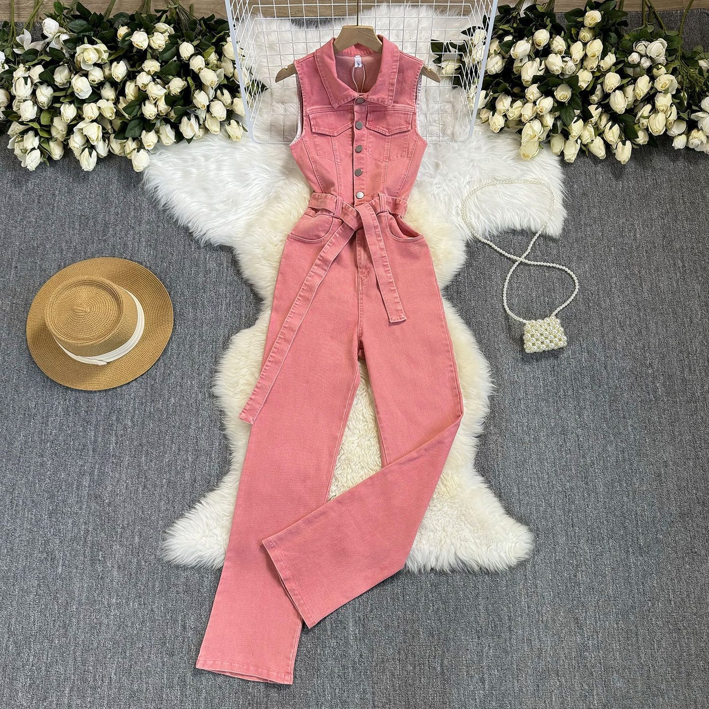 Lace-up Waist-controlled Slim Lapel Metal Buckle Jeans Jumpsuit