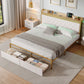 4ft6 Double Bed Frame With 2 Storage Drawers, RGB LED Storage Headboard With Charging Station, Velvet Bed Frame, With Chrome Decoration, No Box Spring Needed, Easy Assembly, Beige