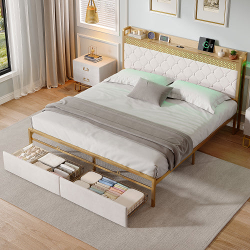4ft6 Double Bed Frame With 2 Storage Drawers, RGB LED Storage Headboard With Charging Station, Velvet Bed Frame, With Chrome Decoration, No Box Spring Needed, Easy Assembly, Beige