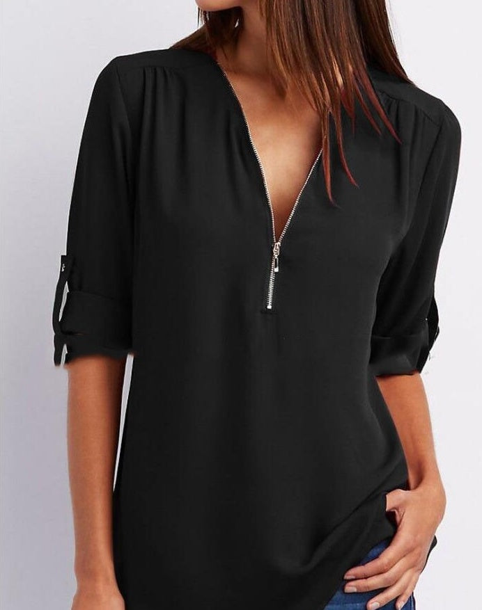 Chemises zippées à col en V pour femmes, hauts amples à manches courtes
