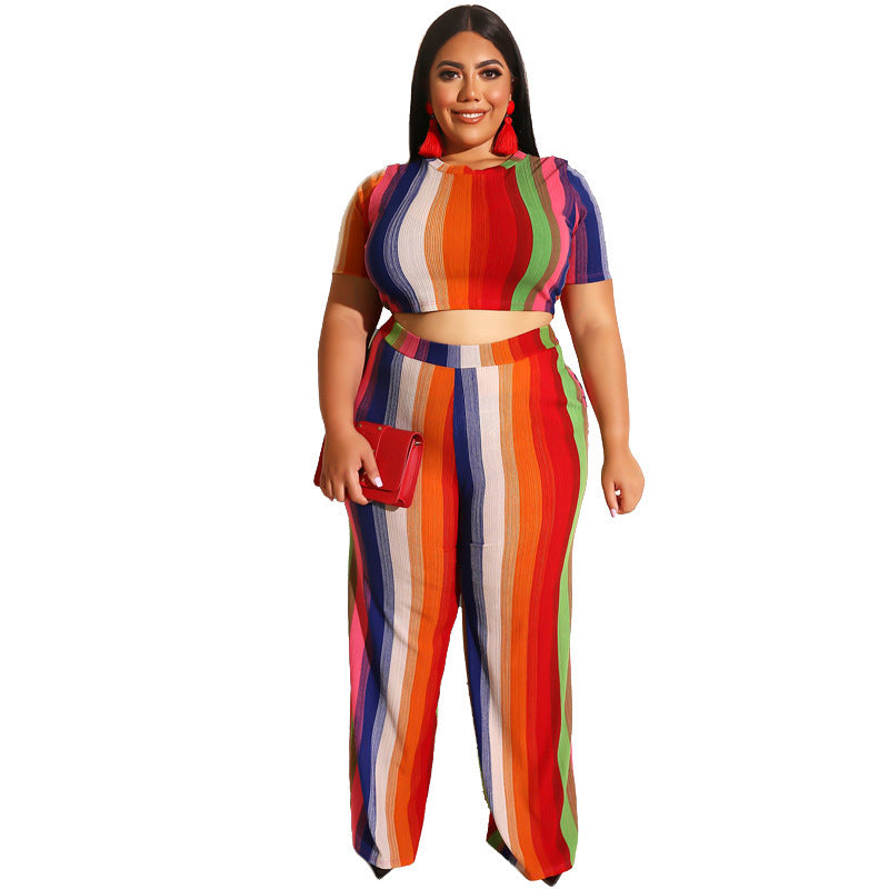 Striped printed tight T-shirt straight pants two-piece suit