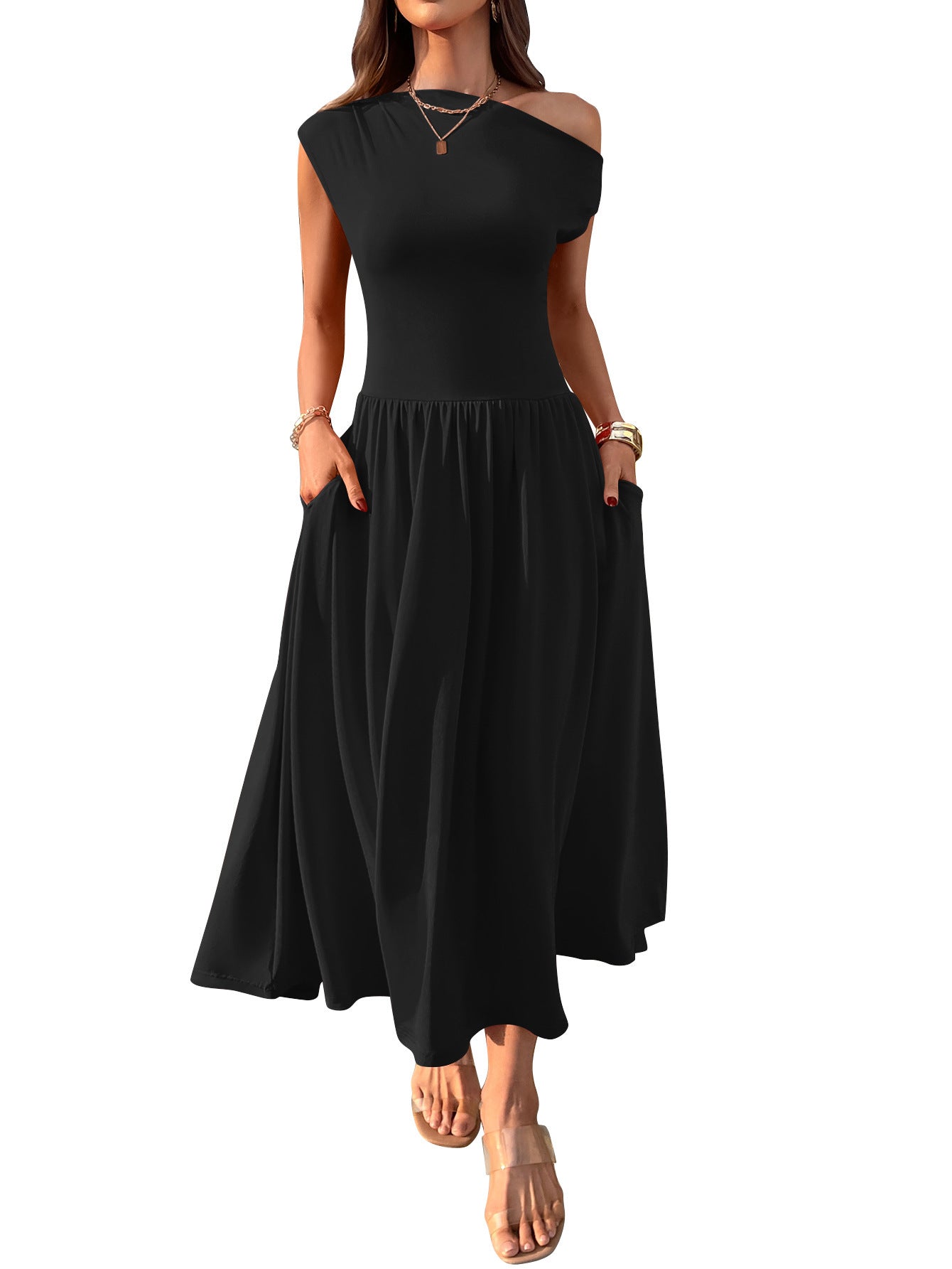 Slant Shoulder Waist Trimming Long With Pocket Dress