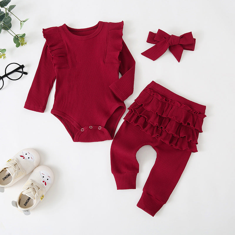 Vêtements d'automne pour enfants, combinaison décontractée à manches longues en dentelle, ensemble trois pièces avec coiffe à nœud