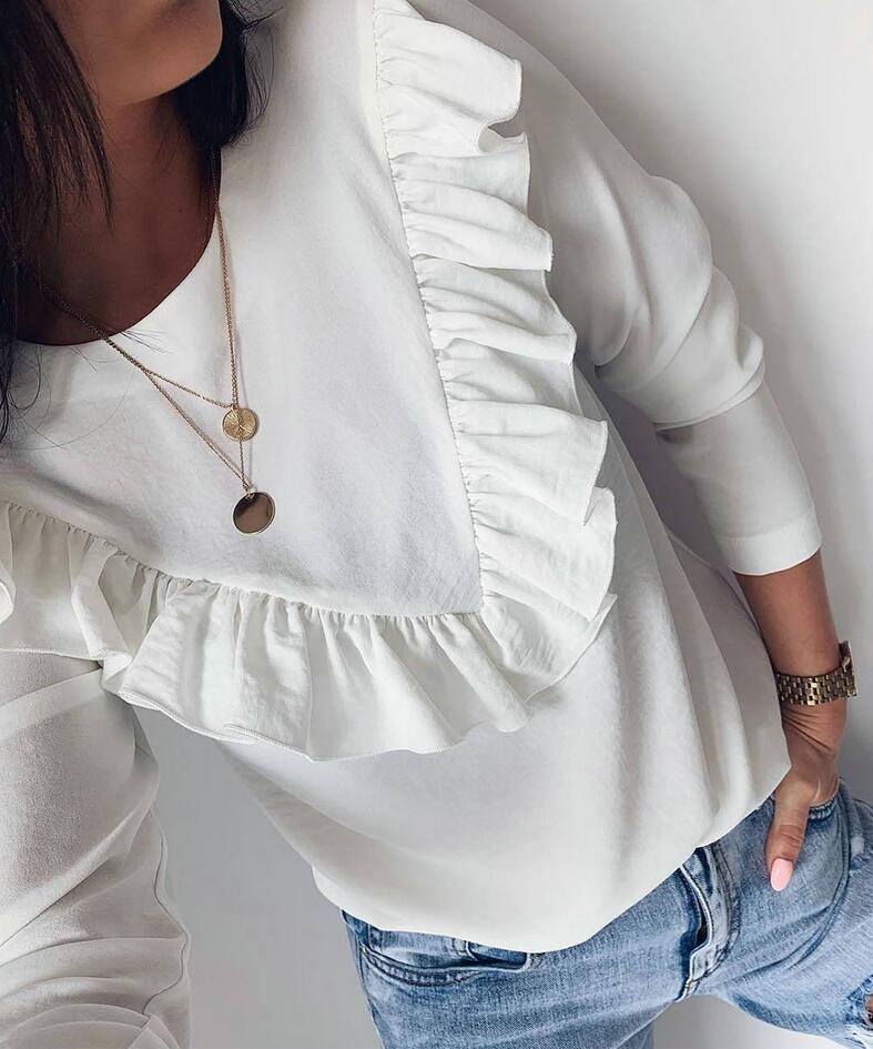 Ruffled round neck long sleeve top