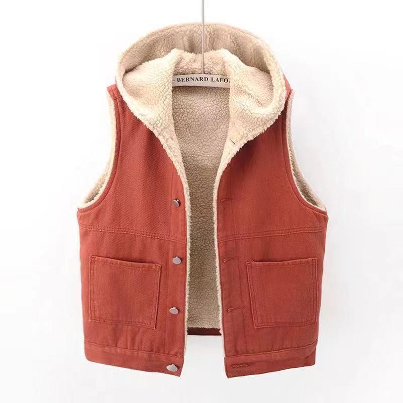 New Denim Vest Fleece-lined Thickened Slim Fit Hooded Cotton Jacket Warm Top Fashion