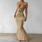 Women's Solid Color Twist Front Hanging On Neck Crop Top And Fishtail Midi Skirt