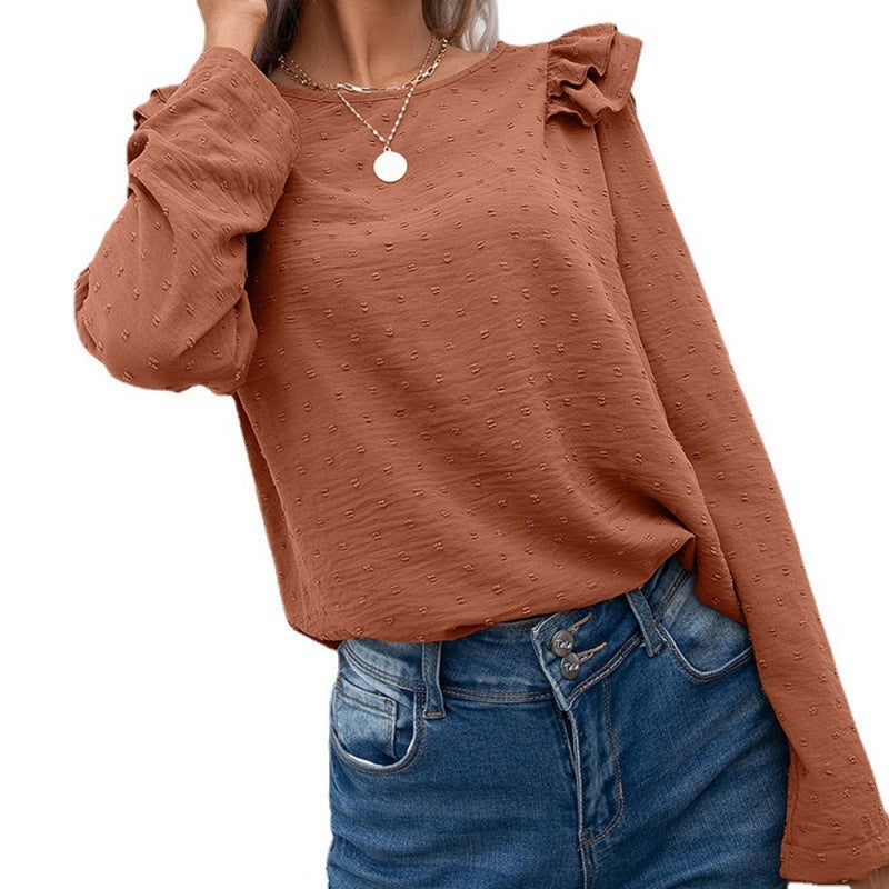 Dot Jacquard Long-sleeved Round Neck Pullover Shirt
