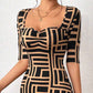 New Fashion Printed Square Collar Waist-tight Mid-sleeve Dress
