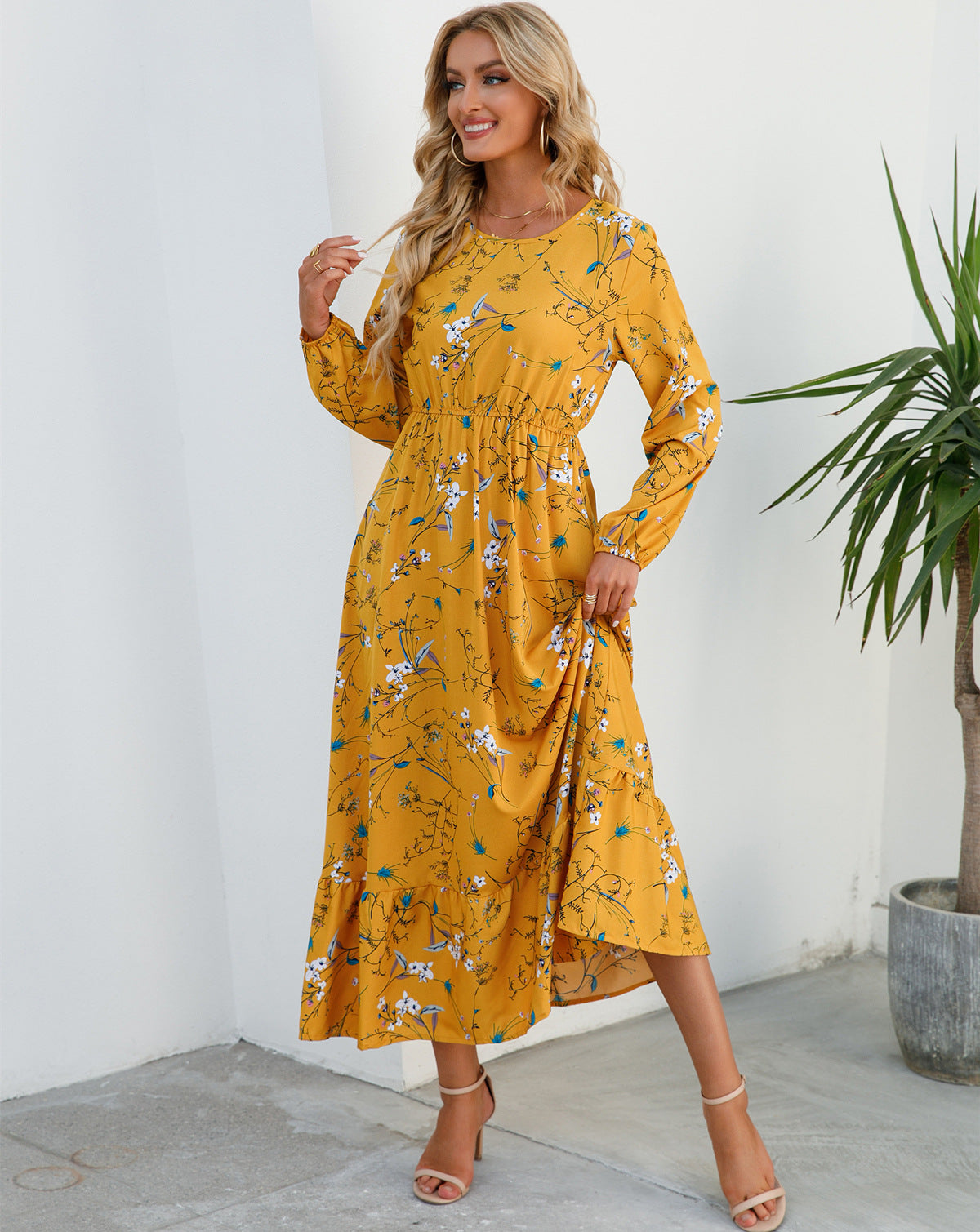 Womens Versatile Round-neck Floral Chiffon Dress