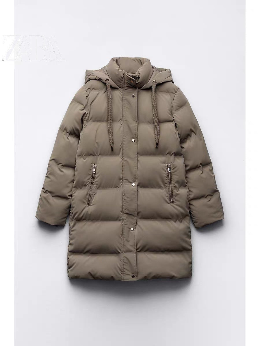 Veste en coton à capuche, coupe ajustée, amincissante et chaude, manteau long